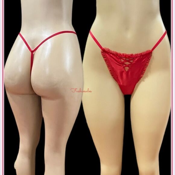 Victorias Secret Dream Angels Soft Satin Ruffle Trim V String  thong Panty Red - Picture 2 of 9